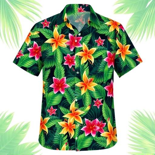 Camisa estampada com motivos tropicais, folhagens verdes e flores coloridas, manga curta.