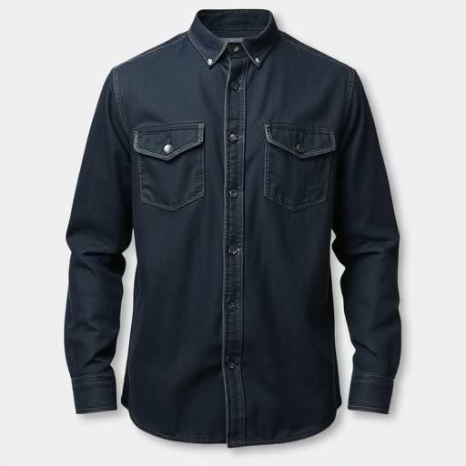 Camisa jeans manga longa, lavagem escura, botões de metal, dois bolsos frontais.