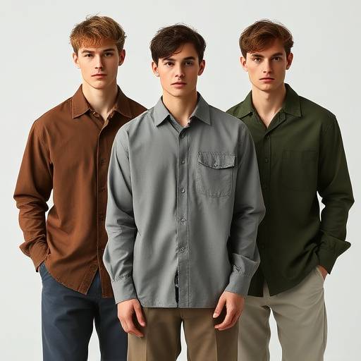 Modelos vestindo camisas da nova coleäão Outono/Inverno 2025, em tons de marrom, cinza e verde musgo.